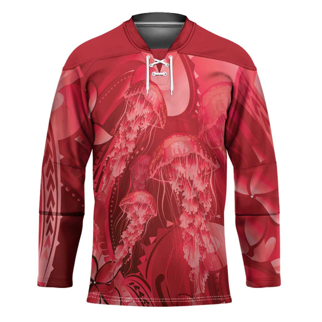 Red Gradient Polynesia Jellyfish Hockey Jersey Plumeria Polynesian Tattoo Glowing Vibes LT14