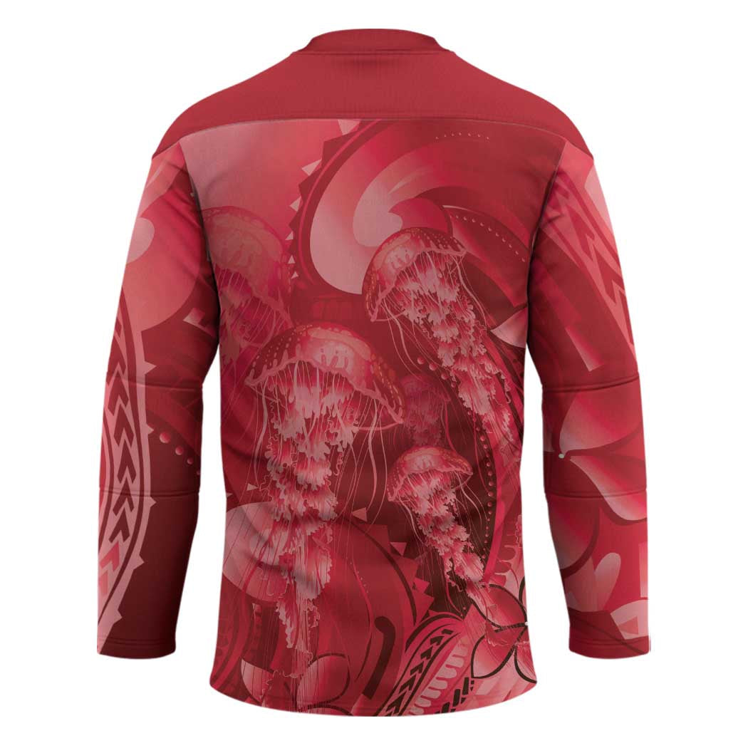 Red Gradient Polynesia Jellyfish Hockey Jersey Plumeria Polynesian Tattoo Glowing Vibes LT14
