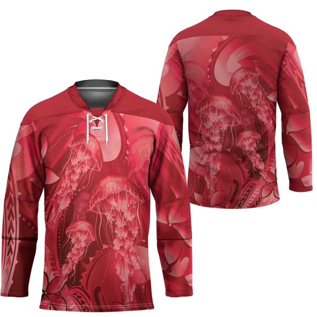 Red Gradient Polynesia Jellyfish Hockey Jersey Plumeria Polynesian Tattoo Glowing Vibes LT14